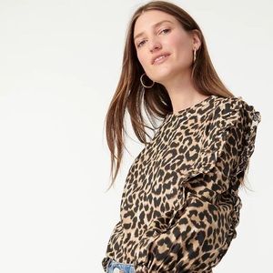 New J. Crew Ruffle Sleeve Leopard Top Buttons 3/4 Length Blouse Animal Print XS
